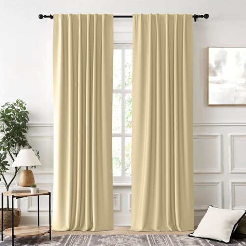 Image of THE LINEN COMPANY Extra Long Back Loop Curtains | Blackout Hall Door Curtains | Thermal Insulated Room Darkening Curtains Set of 2 Panels - Light Beige, 10 Feet