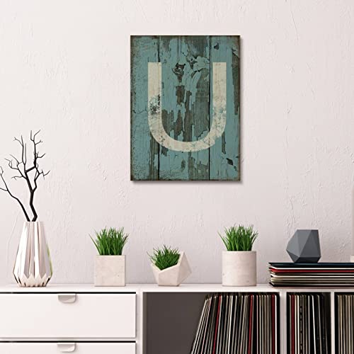 Lienzo de pared con letra U estilo monograma azul de grano de madera 3