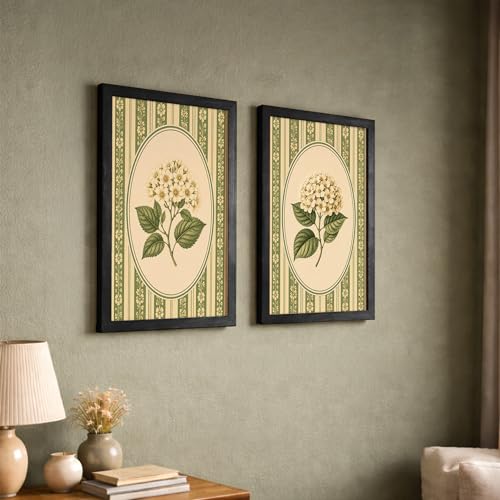 Image of NoWorries Vintage Botanical Wall Art Set of 2 Framed Floral Prints for Living Room Bedroom Office | Green Cottagecore Wall Decor with Wooden Frame (Art-6, 13x19inch)
