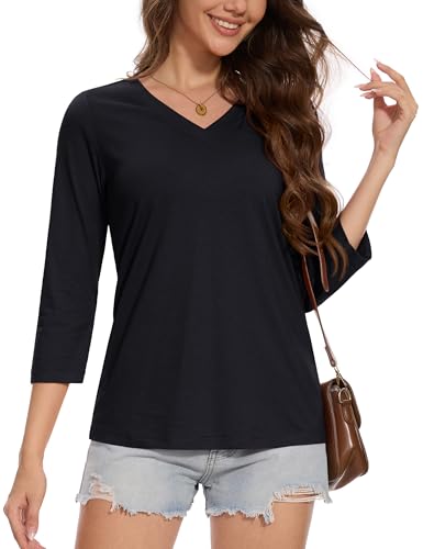 MAGCOMSEN 3/4 Sleeve T Shirts for Women V Neck Tshirts Cotton UPF50+ Summer Tops Casual T-Shirts Basic Tees 2025
