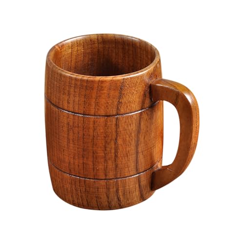 Wooden Beer Mugs, Grade Natural Handmade Retro Brown Wood Cup with Handle for Drinking Tea Coffee Wine Beer Hot Drinks, 320ML Wooden Tankard for Men/Women