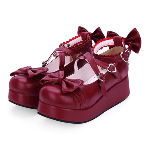 BEROBELLO Sweet Lolita Platform Mary Jane Shoes with Bow, Heart Buckle Straps (Wine Red, Adult, Women, 7.5, Numeric, US Footwear Size System, Medium)