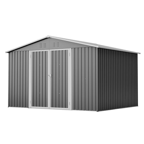 Gxffipw Gartenhaus Metall Geräteschuppen 300x252x191 cm mit Klapptür, Gerätehaus Gartenschuppen mit Satteldach und Stauraum, Gartenhütte Fahrradschuppen für Gartengeräte, Grau