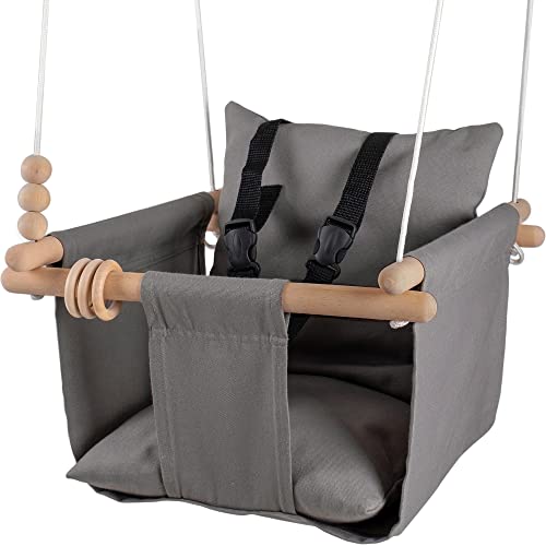 Image of Mass Lumber Indoor Outdoor Baby Swing with 3-Point Harness and Hardware for Ceiling, Porch, Doorway, Canvas Baby Swing Outdoor Toddler Swing Seat Dark Gray