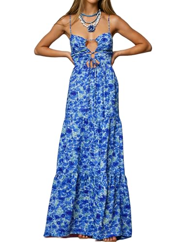 Image of Womens Summer Floral Spaghetti Strap Backless Low Cut Smocked Milkmaid Flowy Beach Sundresses