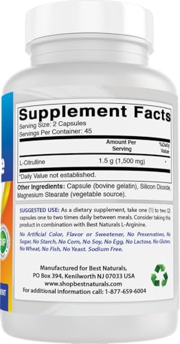 Image of Best Naturals L-Citrulline Capsules - 1500mg /Serving - Non-GMO - Gluten Free - 90 Capsules (90 Count (Pack of 1))