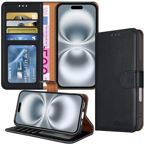 iCatchy For iPhone 16 Case Wallet Premium PU Leather Flip Cover with RFID Blocking 4 Card Slots Magnetic Closure Kickstand Shockproof Folio Phone Case for iPhone 16 6.1 inch Black