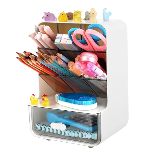 Smivyhp Schreibtisch Organizer aus Kunststoff, Weißer Stiftehalter Schreibtisch mit 45-Grad-Schrägfächer und Schublade, Büro Organizer für Büro, Zuhause und Schule