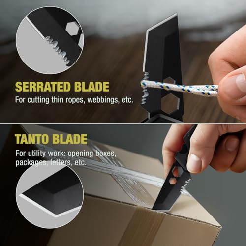 Image of Mini Keychain Knife with Carabiner - 1.3 inch Tanto Serrated Blade - 6 in 1 Black Multitool - Bottle Opener Box Cutter Liner Lock - EDC Gadgets - Legal Folding Small Pocket Sashimi Knives Pocket - 2248