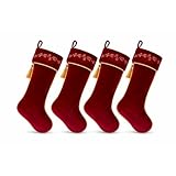Kinlop 4 Pcs 18 Inch Burgundy Luxury Velvet Christmas Stockings Holly Embroidered Christmas Stocking Stockings with Gold Tassel Decorations for Fireplace Xmas Party Vintage Holiday Decorations