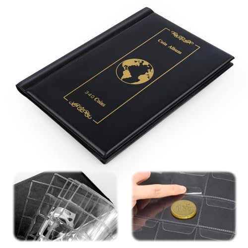 VFANDV Álbum de Monedas, 340 Bolsillos Álbum de Colección de Monedas 4.5 x 4.5cm/3.5 x 3.5cm, Estuche de Colección de Monedas de Cuero para Papel, Dinero, Billetes