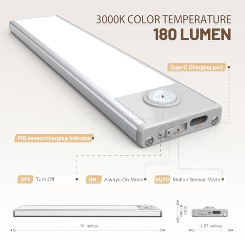 Image of 10 inch Under Cabinet Lighting, 6 Pack Motion Sensor Light Indoor Rechargeable Magnetic Closet Lights Battery Operated, Under Counter Lights for Kitchen, Wardrobe, Hallway, Stairs Warm White Light