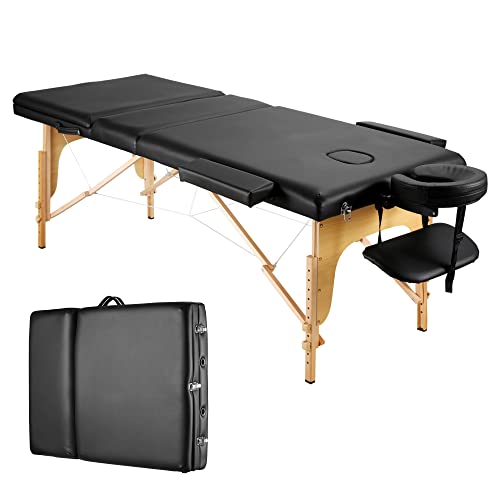CHRUN Table de Massage, lit de Massage en Bois Portable à 3 Sections, lit de Cils Beauty Face Tatti, Hauteur réglable, avec Sac Cover