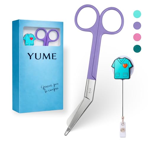 YUME Forbici Infermiere + Portachiavi retrattile regalo | Forbici Infermiera per Bendaggio | Forbici infermiera Curve, Punta Arrotondata (VIOLA)