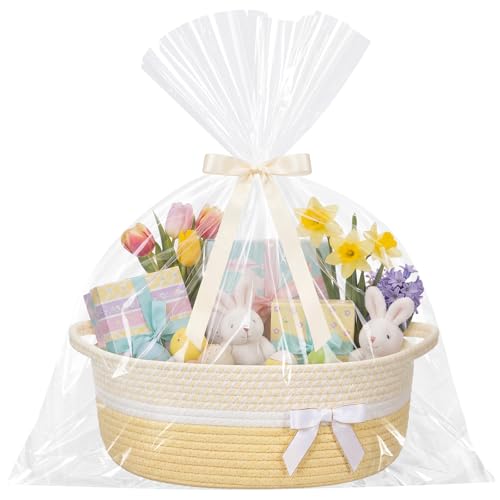 Image of Colingmill 1 Set Woven Basket for Gift Empty with Cellophane Wrap Set 14 x 10 x 5.5 Inch, Medium Decorative Gift Basket Empty to Fill, Cotton Rope Storage Box Decor (Light Yellow White)