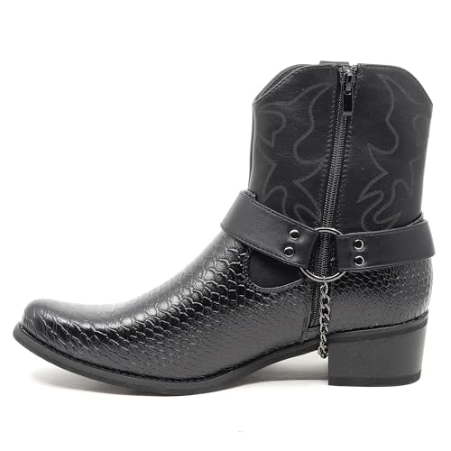 Metrocharm Western Cowboy Boots, Snake Pattern Synthetic Leather Upper, Metal Harness Detail WEST-014