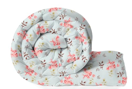 Image of HOMEKART 220 GSM Premium Reversible Microfiber AC Comforter for Single Bed | Soft, Lightweight & Breathable All-Season 3-Layer Quilted Blanket (150 cm x 225 cm, Floral, Aqua & Pink)