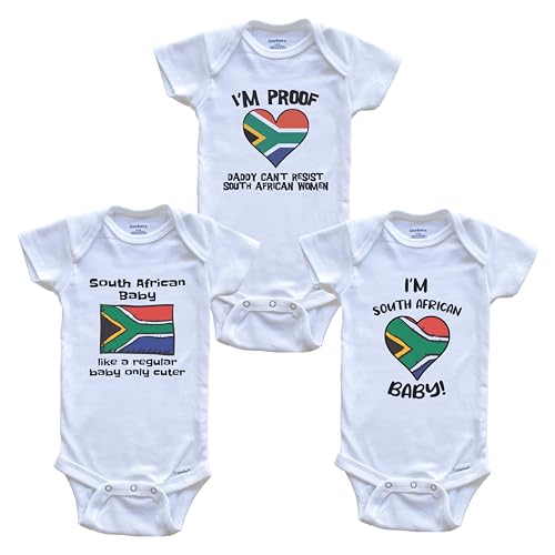 Mom is South African Baby Bodysuits Funny South Africa Flag 3 Piece Gift Set, 12 Months White