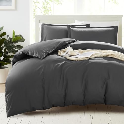 Image of LANE LINEN Double Size Duvet Cover Set - 100% Organic Cotton, 3-Piece Soft & Sustainable Bedding, Includes 1 Duvet Cover 200 x 200 cm and 2 Pillow Shams - Machine Washable - Charcoal