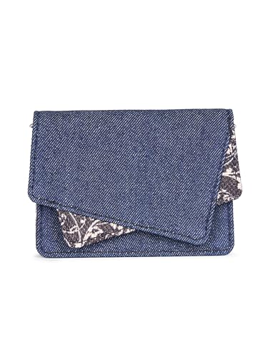 Image of ZOUK Tovi Mini Bag Wallet | Stylish Vegan Denim Crossbody Wallet for Women with Card Slots & Water-Resistant Lining | Handcrafted Small Sling Bag with Silver Chain Strap | Lattice Lace