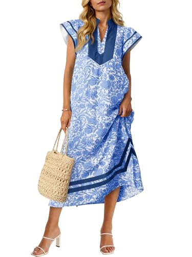 Image of Wenrine Womens Summer Floral Maxi Dress Casual Short Cap Sleeve V Neck Color Block Side Slit Loose Boho Beach Dresses