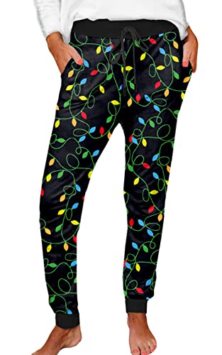 Christmas Lights Pants for Women Elastic Waist Pajama Bottom Family Casual Athletic Sweatpants M