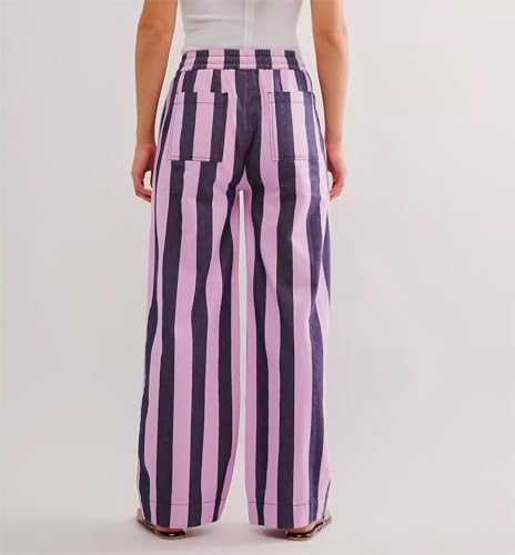 LifeShe Womens Striped Wide Leg Jeans Drawstring Elastic Waist Denim Pants Casual Baggy Jean Trousers2
