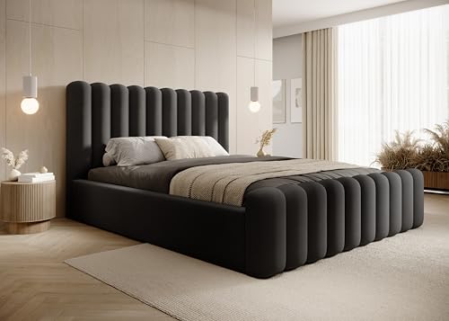 DomiMeble DomoHome- Modernes Polsterbett Mona VII – Elegantes Bett Mit Stauraum Modernem Kopfteil Und Hochwertigem Stoff-Abriamo Für Ihr Schlafzimmer 200x200 cm, Farbe: Schwarz