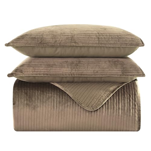 Elegant Comfort Luxury 3-Piece Velvet Corduroy Stripe Quilt Set, Ultra Soft Bedspread - Cozy Velvet Coverlet Set - 3PC Medium Weight Quilted Set with Matching Pillow Shams, Full, Khaki