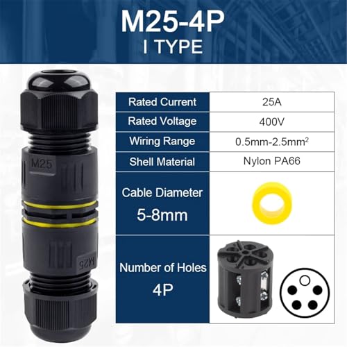Cable Conector IP68-M25 estanco de 4 pines y terminal de tornillo para manguera de 5-8mm 2