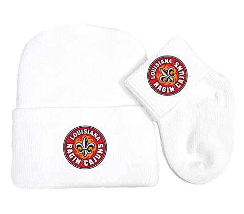 Collegiate Licensed Newborn Baby Knit Cap and Socks Set (White, Louisiana Lafayette Ragin' Cajuns)