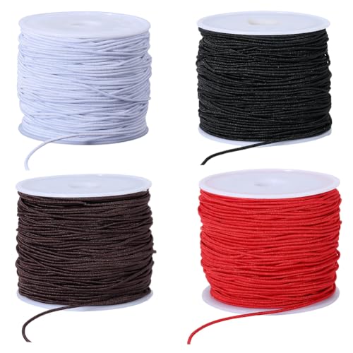 PONABEADIY 4 Rouleau de Cordon Élastique Rond de 0.8mm Noir Blanc Marron Rouge Robuste pour Perles Accessoires de Couture Fabrication de Bijoux Colliers...