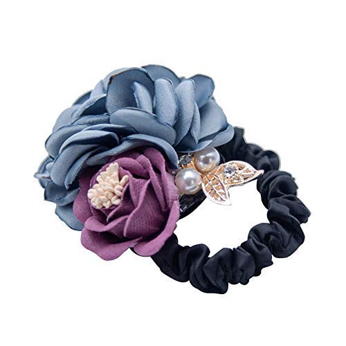 Winhappyhome Anneau à cheveux très élastique avec motif de roses et de feuilles en métal - Gris et bleu Cover