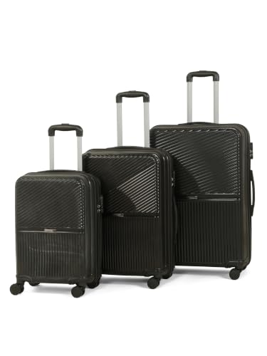 Image of Teakwood Set of 3 8 Wheels Trolley Bag, Hard Cabin with Zipper Closure, Adjustable Push Button & Cross Side Strap, Number Lock System 360 Degree (Set of 3, Black)