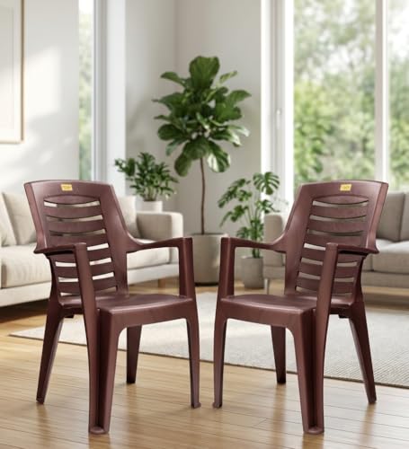 Image of Patiofy Plastic Arm Chair for Living Room, Heavy Duty Plastic Chair for Home and Outdoor, Solid Back Support, Comfortable Seating with Arm Support, 200 Kg Capacity (Maxim Brown- Set of 2)