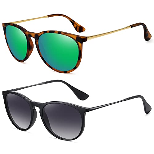 WOWSUN Lentes de sol retro para mujer, redondos, clásicos, (Paquete de 2) lentes negros y grises + lente verde leopardo, Medium