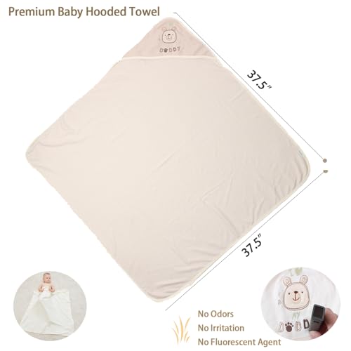 Image of 6-Pack Organic Cotton Baby Bath Set - Embroidered Hooded Towel & 5 Soft Washcloths, Ultra Soft Newborn, Toddlers, Registry Gift for Boys & Girls, Brown 37.5 x 37.5 Inches