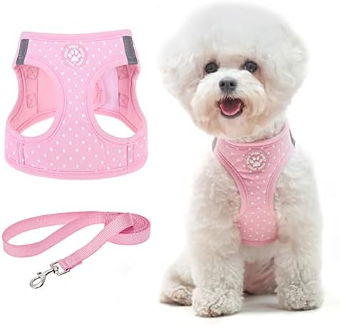 BINGPET Vest Harness for Puppy and Cat, No Pull Adjustable Reflective Step-in Puppy Harness Cute Pink Polka Dot Soft Dog Harness for Small and Medium Dogs