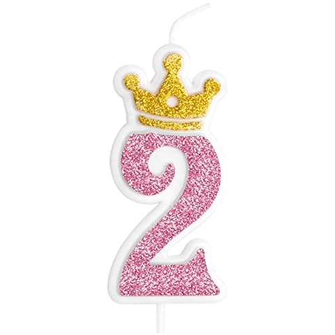 PARTY GO 2.76 Inch Birthday Number Candle, Glitter Number Candle with Crown Cake Topper Decorations for Birthday Cakes Wedding Anniversary Graduation Festival Party (Pink 2) Cover