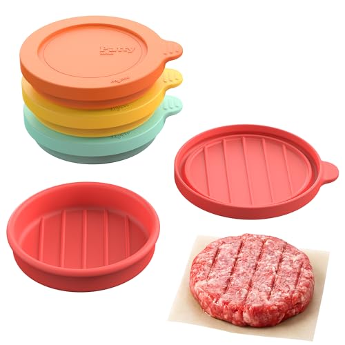 Kayaso Silicone Burger Patty Mold Set with Lid Nonstick Burger Press for 1/4 lb Patties Food-Grade Patty Maker for Beef Chicken & Veggie Burgers Food Freezer Container 4 Pack