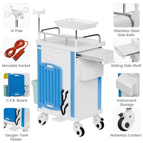 Medical Crash Cart with Emergency Accessory-CPR Board, IV Pole, O2 Holder, Trash Bin, 5 Drawers Nursing Cart with Dividers for Hospital, Clinic, Lab