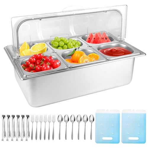 Luxurytex Estación de buffet para barra de ensaladas, contenedor de exhibición de alimentos y bandeja de acero inoxidable para servir alimentos, dispensador de condimentos, estante de exhibición para