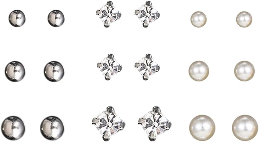 CZ Stud Pearl Earrings for Women Girls Hypoallergenic Earring Set Ear Studs Jewelry for Birthday Christmas Party Gifts Silver 9 Pairs
