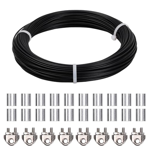 50m Stainless Steel Rope, 7x7 3mm with 8 Clips, 20 Aluminum Sleeve, PVC Coated Garden Wire for Plants, Hanging for Clothes Line Curtains, 167kg Load (Black-2mm)