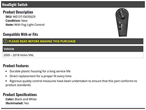 Headlight Switch - Black and White - Illuminated - with Fog Light Control - Compatible with 2005-2018 Volvo VNL - Thumbnail 2