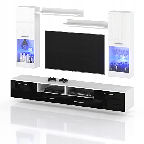 VBChome Modern Wohnwand Weiß - Schwarz Hochglanz Anbauwand Schrankwand mit Led Beleuchtung Schrankwand Wohnzimmer Hängende Komplett-Set TV Lowboard Vitrine Hängeregal
