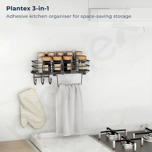 Image of Plantex Self Adhesive Bathroom Shelf /GI Steel Bathroom Shelf with Hook and Napkin Holder /Bathroom Organizer Without Drill /Bathroom Accessories- Pack of 3 (Black)
