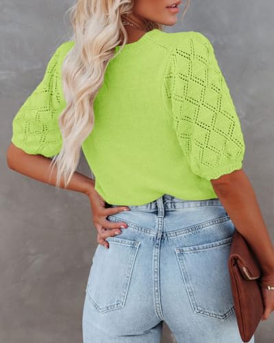 Image of Womens Short Sleeve Sweaters Crewneck Knit Pullover Tops 2025 Summer Casual Lightweight Crochet Blouse Shirt