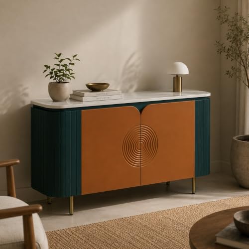 Image of Solid Wood Mandala Sideboard Cabinet with Sintered Stone Top for Living Room | Premium Acrylic Emerald Green and Terracotta Brown with Soft Close Hinges