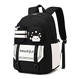 Mochila Feminina Escolar Juvenil de Grande Capacidade Resistente à Água com Estampa de Gato Fofa Pode Conter Notebook de 15,6 Polegadas Ideal para Estudantes (Preto)